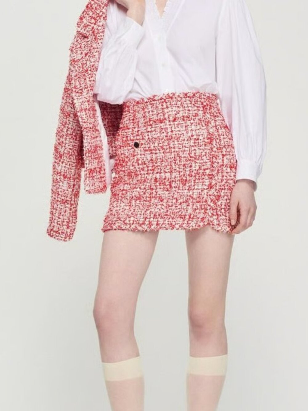 NEW S 4 SANDRO 36 Tweed Red White Sequin Textured Mini Skirt